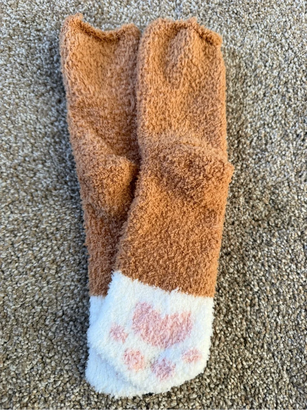 Cozy Fuzzy Crew Socks - Tan and White
